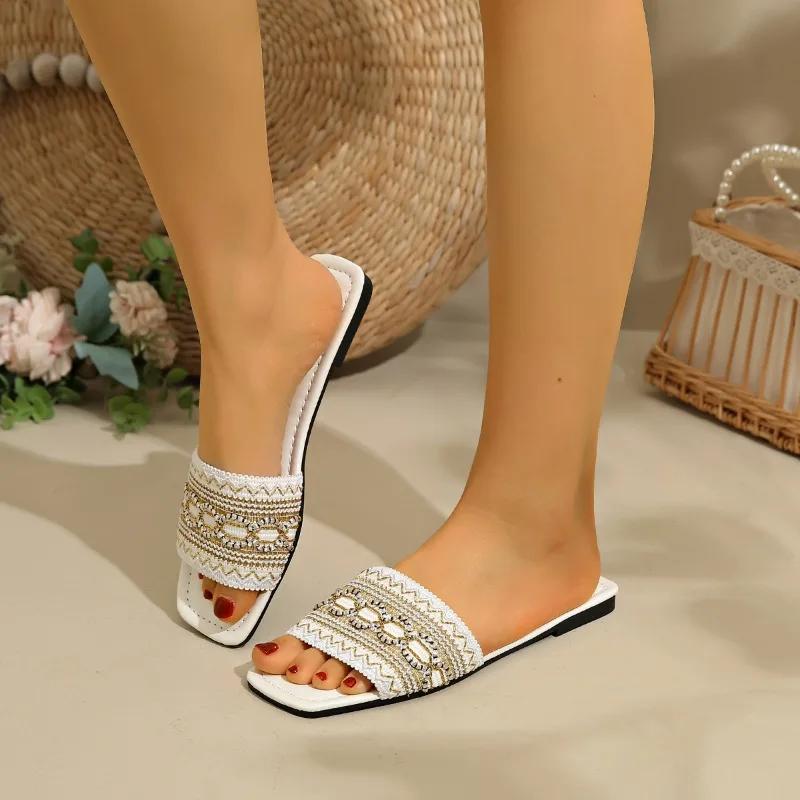 Fashion Ladies Shoes 2025 Open Toe Women's Slippers Plus Size Casual Slippers Women Mixed Colors Square Toe String Bead Flat with Sandal