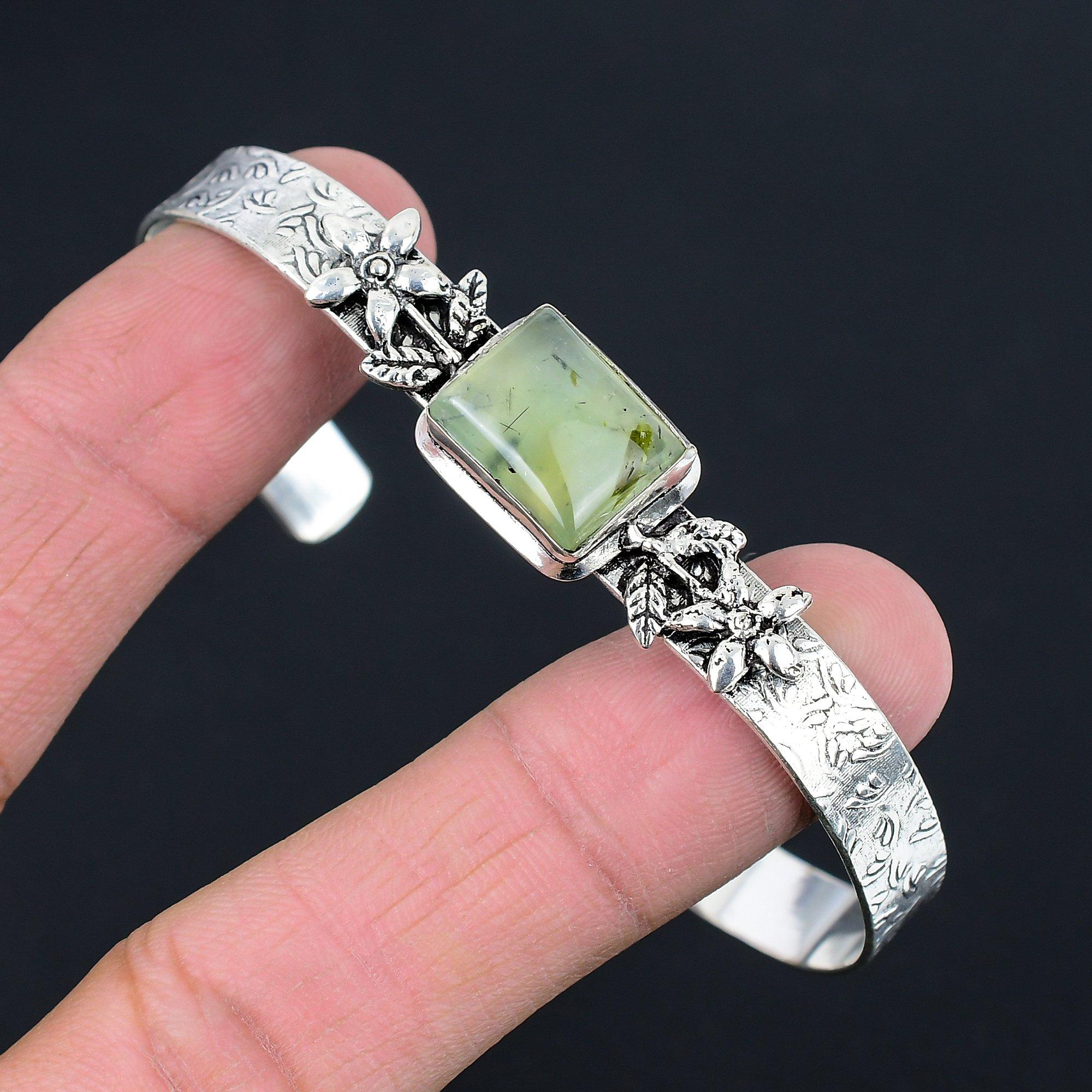 

Moss Prehnite Gemstone 925 Sterling Silver New Flower Engagement Bangle Bracelet Adjustable
