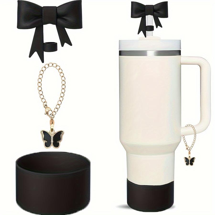 3Pcs Bow Straw Cap Covers Toppers Accessories for Stanley 30&40 Cups Silicone Boot Butterfly Charm Chain for Tumbler with Handle