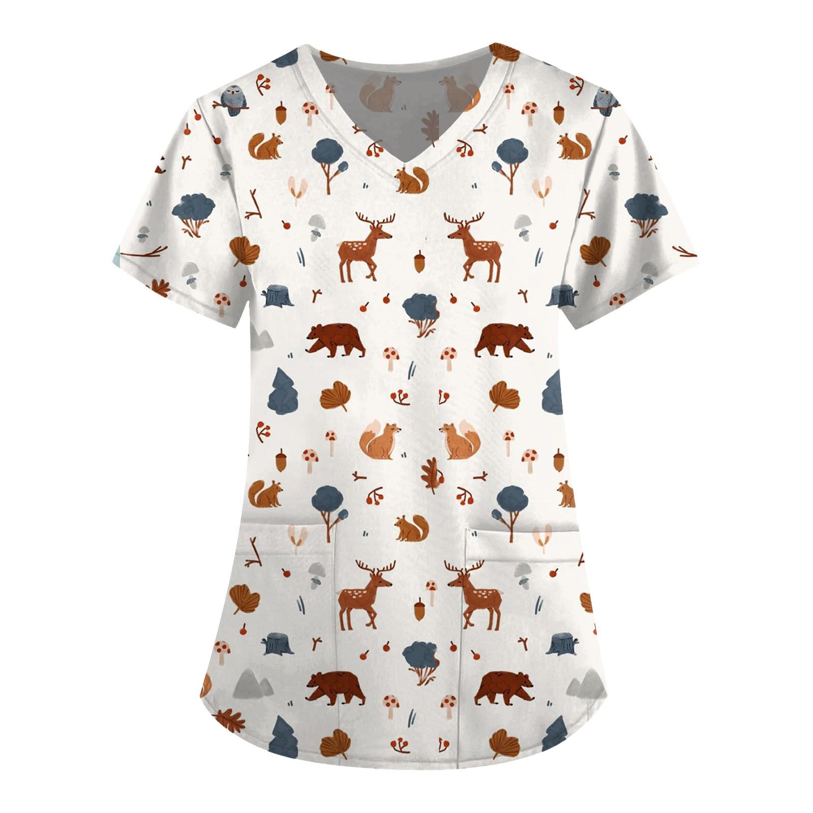 

Женский топ с карманами и карманами с короткими рукавами и v-образным вырезом с милыми животными XL белый