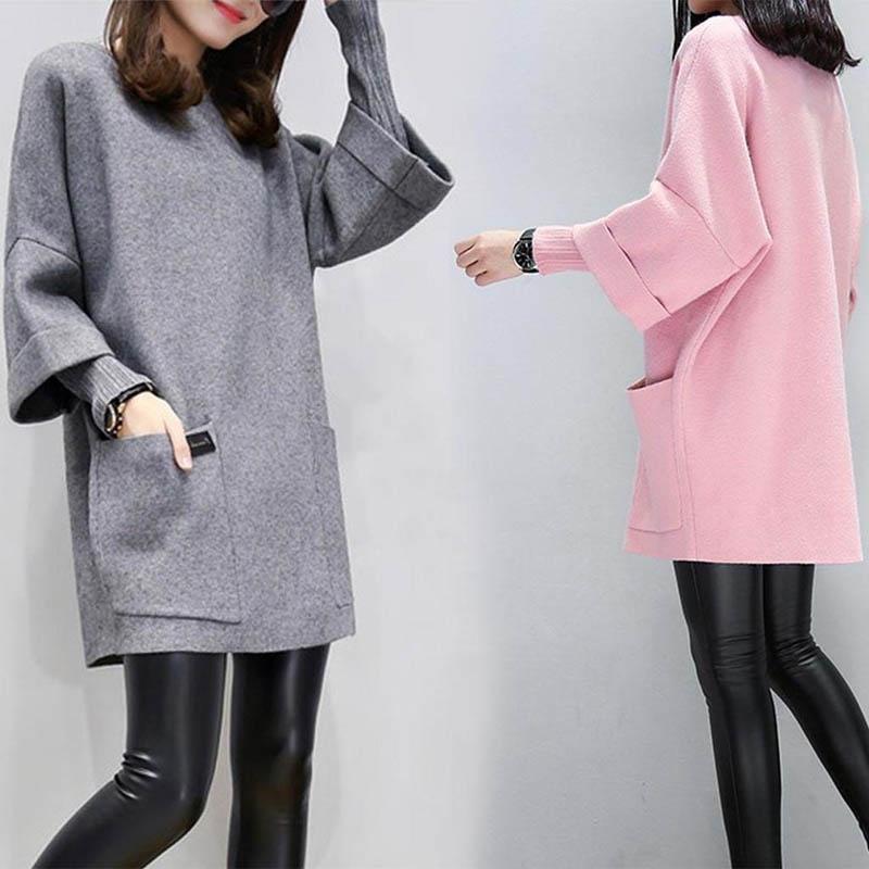 Neck Round Women Long Sleeve Solid Patchwork Hoodie Loose Sweatshirt Pocket
