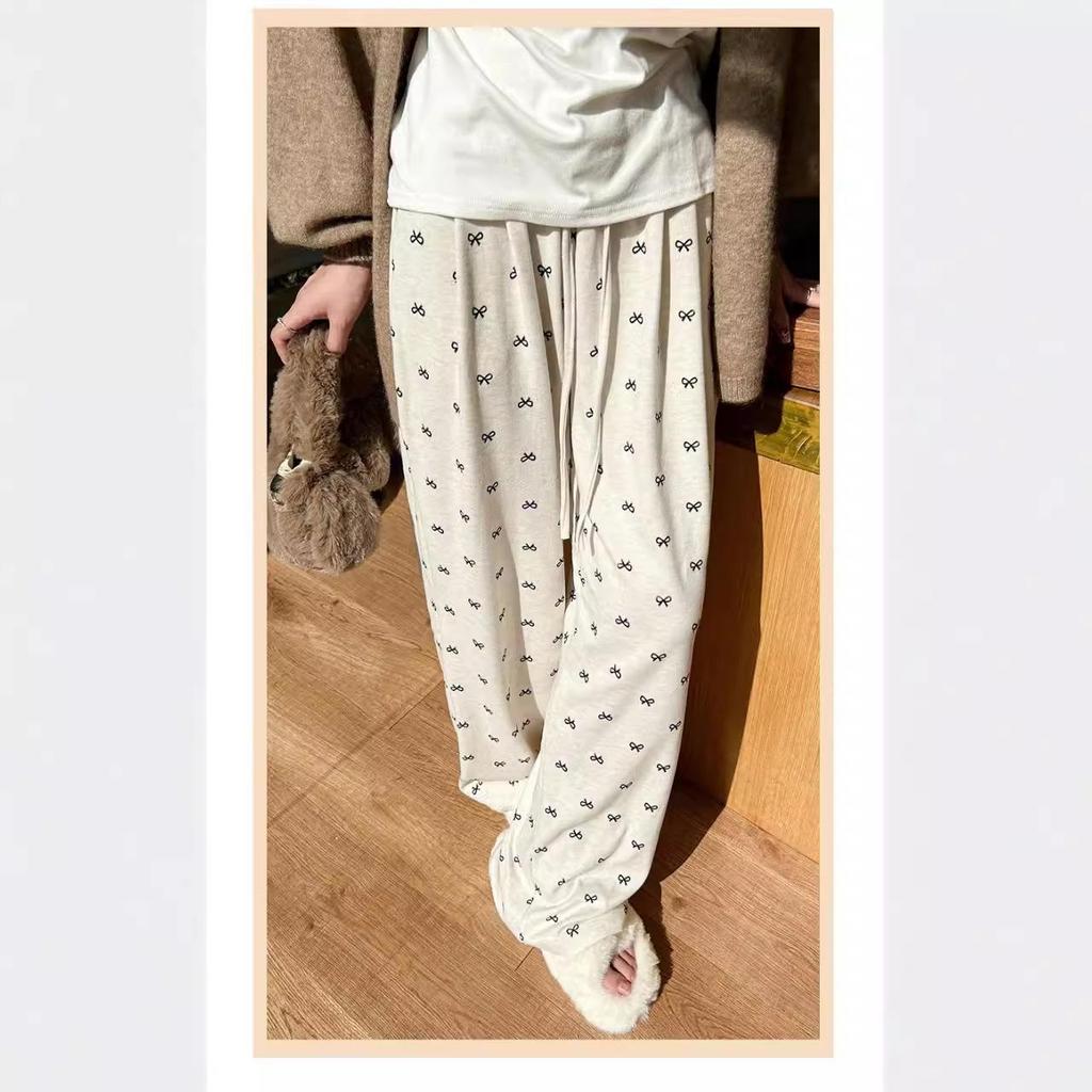 Korean Retro Bow High-Waisted Wide-Leg Silky Pants for Women