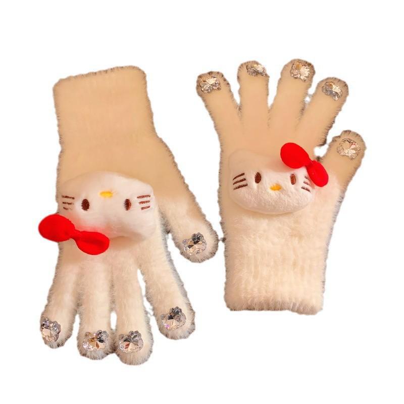 Plush Diamond Cat Nail Gloves: Warm, Split-Finger, Autumn/Winter Gloves for Students & Riding Enthusiasts.