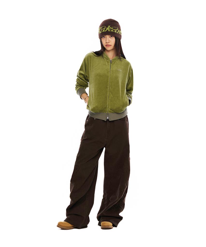 Aakam Rhinestone Velor Zip-Up Hoodie (Green)