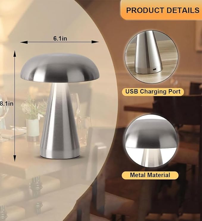 Rechargeable Metal LED Bedside Lamp Decorative Mushroom Lamp with 3 Color Dimming Suitable for Bedroom and Living Room Black