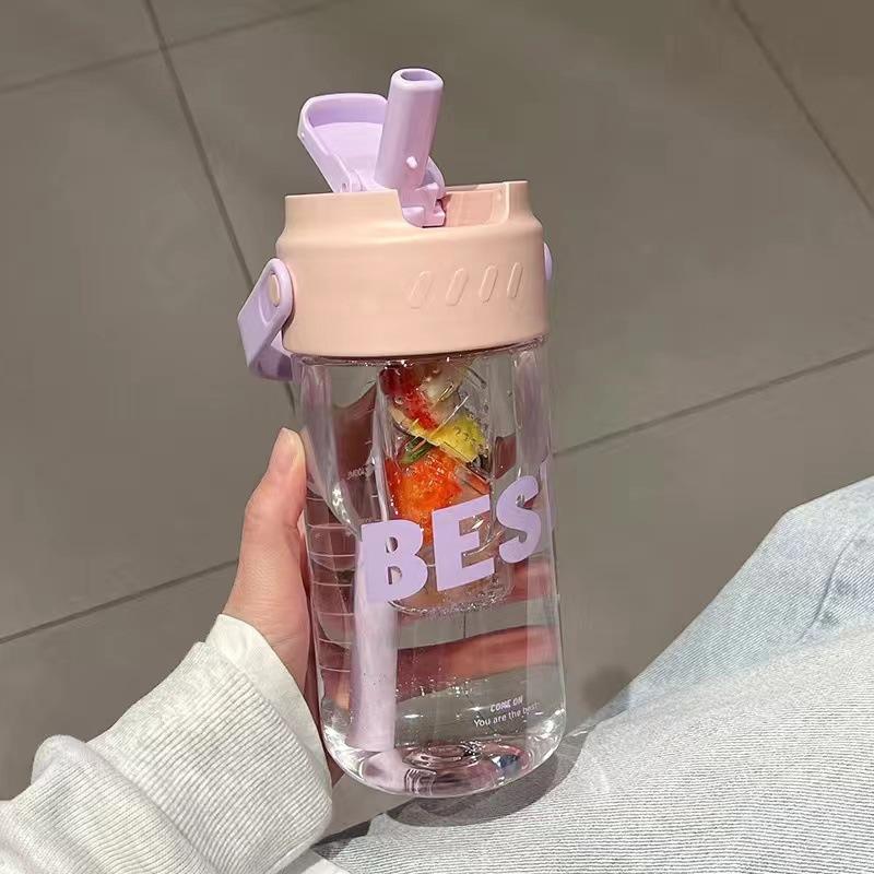 Water bottle straw cup student flower teacup water cup girls easy cup portable straw plastic cup large capacity summer cup