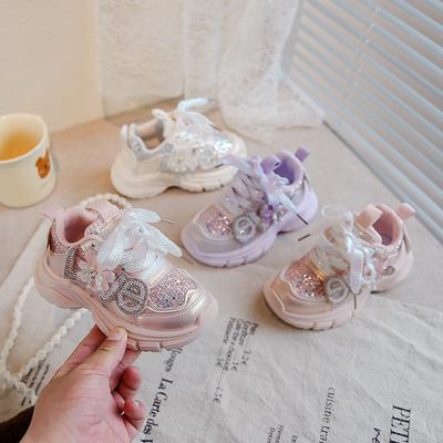 2025 Autumn New Baby Sports Shoes Children's Flowers Bright Diamond Dad Shoes Soft Sole Non-slip Little Girl Foreign Tide