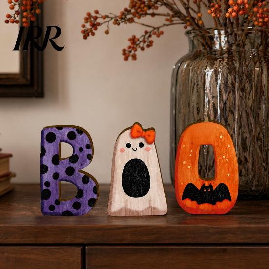 Halloween Ornament 3Pcs/Set Wooden Statues, Letter Bat Pumpkin Ghost with Bowknot Deisgn, Shape Decoration Desktop Ornaments, Holiday