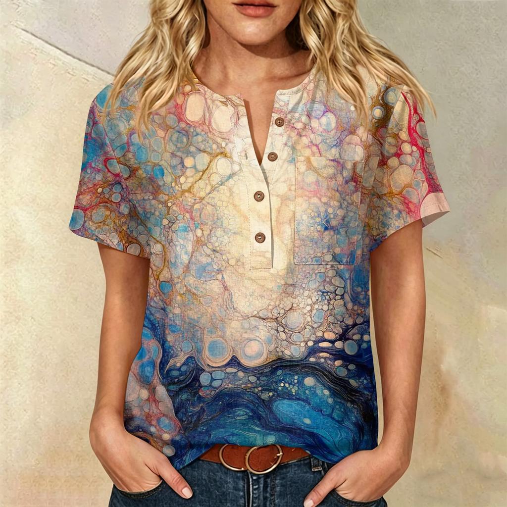 Women’s Printed Short Sleeve Henley Neck Shirt with Front Pocket Cotton Linen Material Relaxed Fit Casual Top