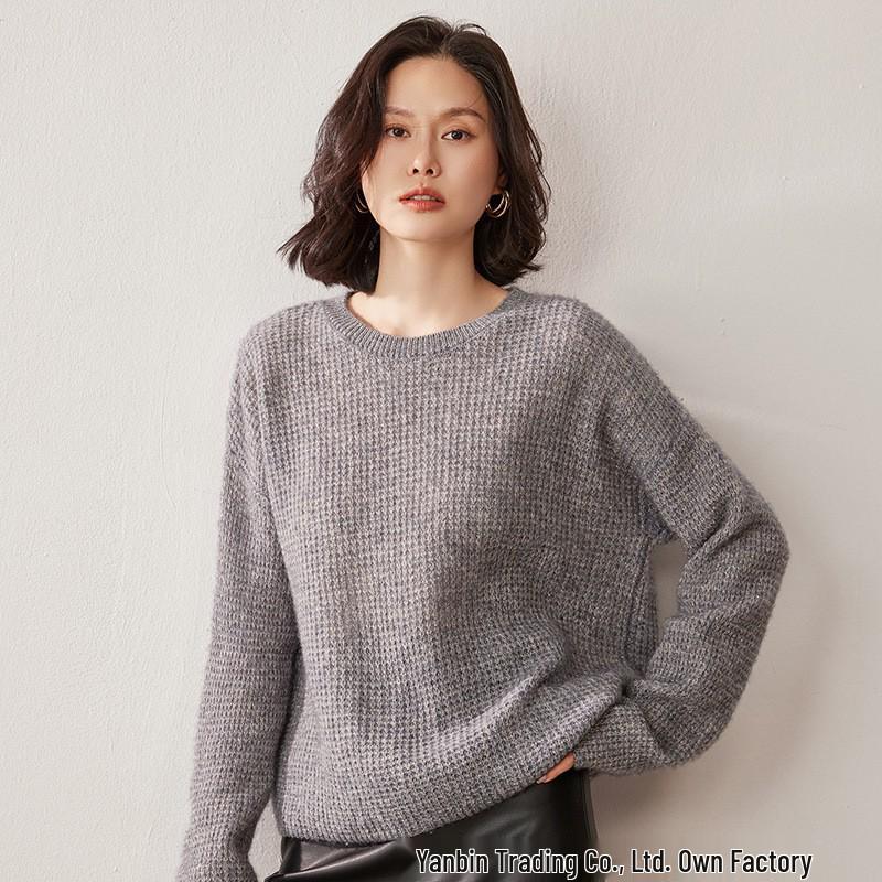Women's Thick Coin Stitch Round Neck Cashmere Sweater - Autumn/Winter Loose Knit