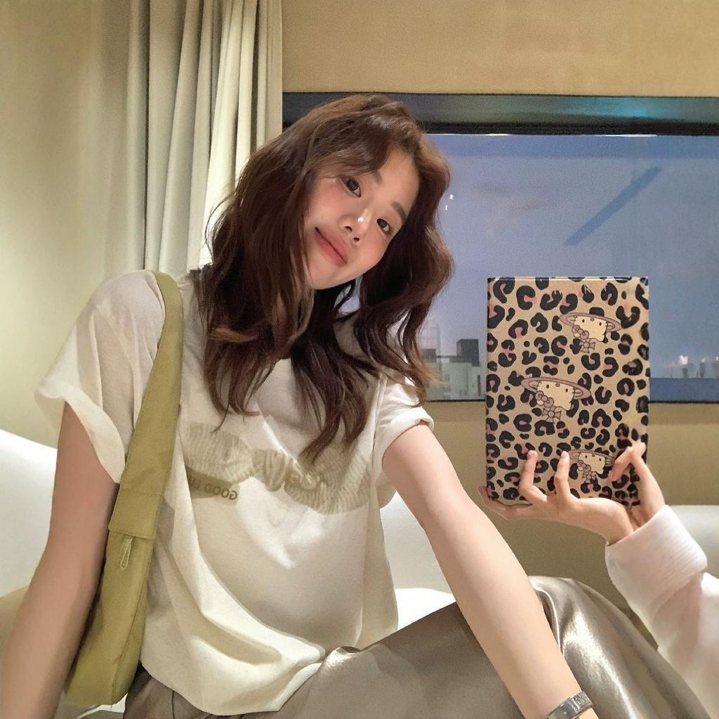 Korean apricot bow print short-sleeved T-shirt women's summer new loose and versatile slim crew neck top