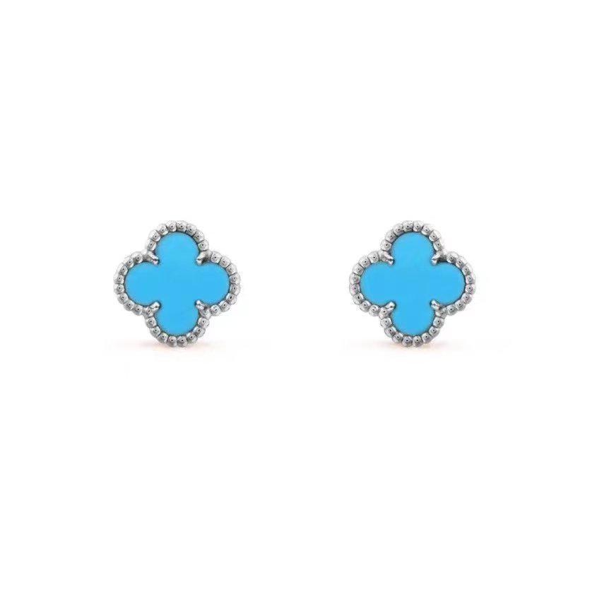Four-Leaf Clover S925 Silver 9mm Stud Earrings with Red Agate, Black Agate, Turquoise, Butterfly, White Shell, Gray Shell, and Pink Shell for Women.