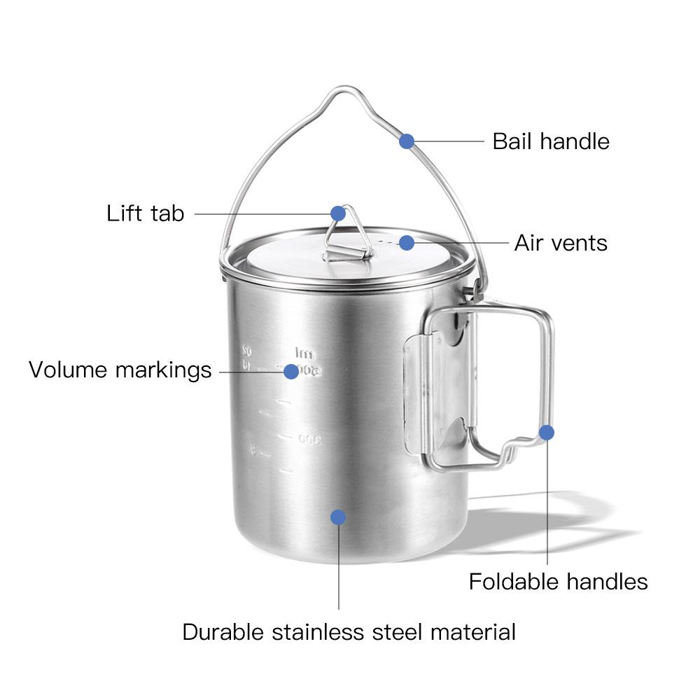 TOMSHOO 750 ml Edelstahl-Topf, tragbarer Wasserbecher, Tasse mit Deckel und faltbarem Griff, Outdoor, Camping, Kochen, Picknick