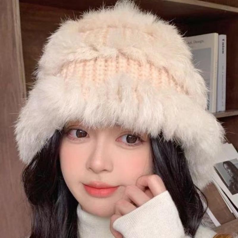 Winter Cute Fluffy Rabbit Fur Blend Bucket Hat For Big Face