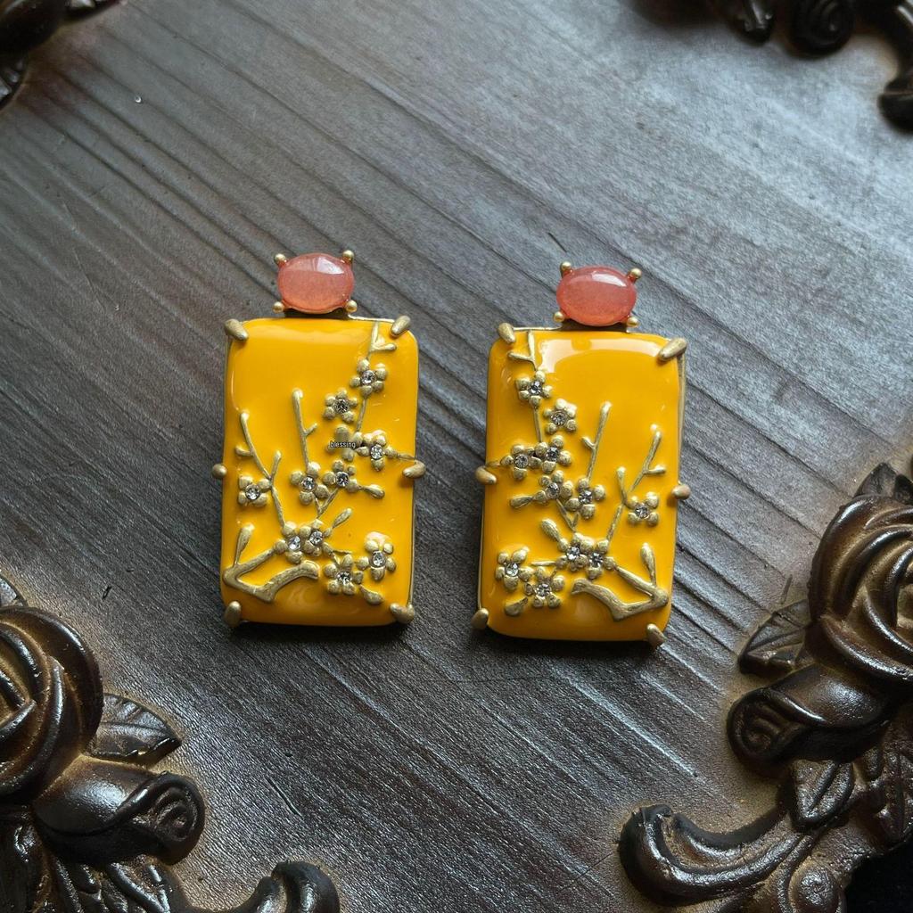 Vintage Plum Blossom Chinese-Style Earrings: 925 Silver Needle, Brass Enamel & Natural Stones for Women