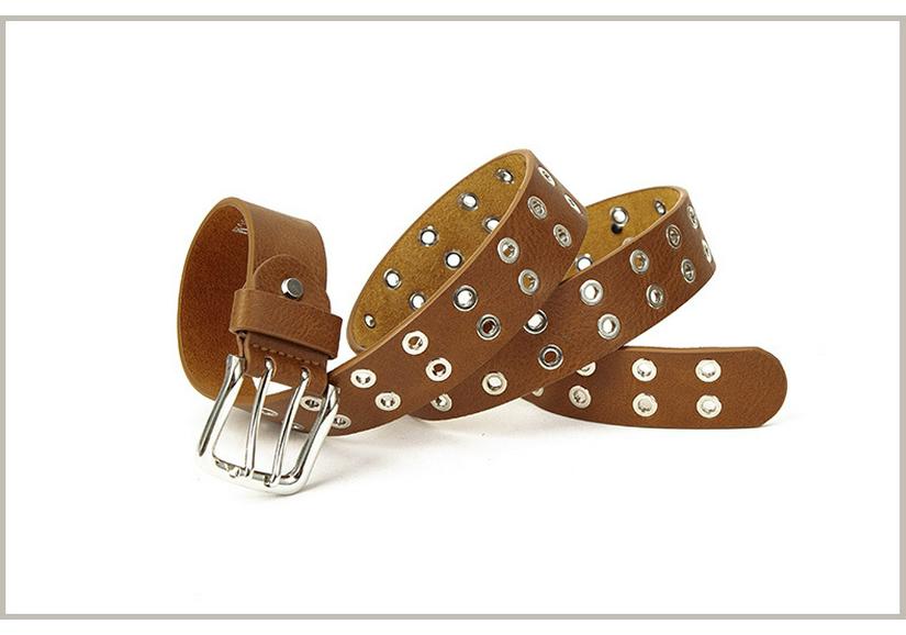 Unisex Leather Eyelet Buckle Belt with Rivet Detail - European & American Style Trend