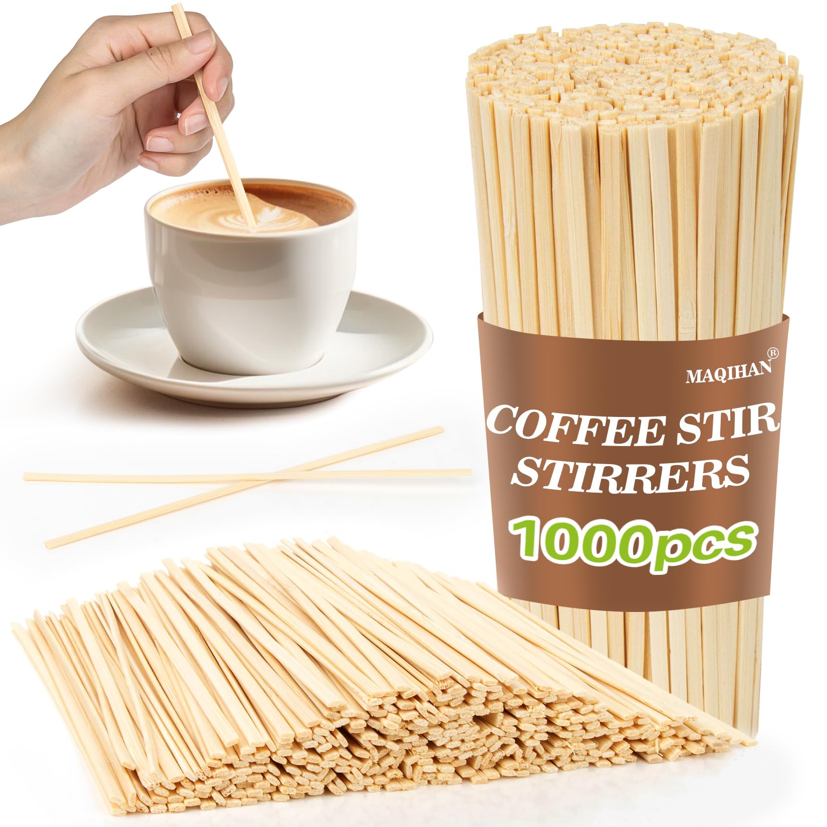 MAQIHAN 1000pcs Sip Stirrers - Bamboo Coffee Stir Sticks Disposable Hot Drink Beverage Stirring Swizzle Stir Sticks For Coffee, Milk, Juice, Cocktail, Bamboo-1000PCS