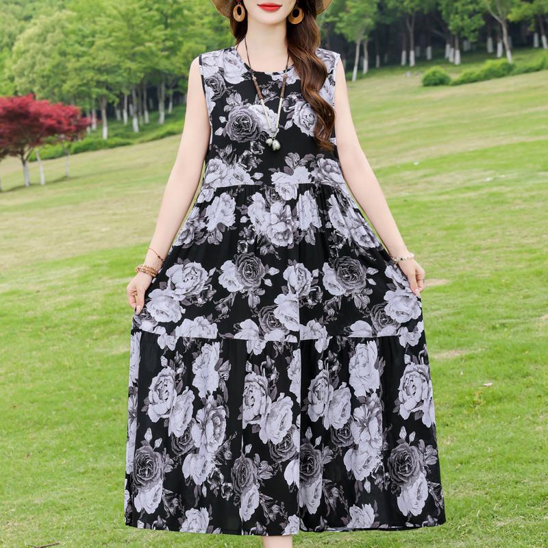 Elegant Sleeveless Dress for Women Plus Size Loose Vintage Print Long Dress Summer Middle-aged Women's Clothing