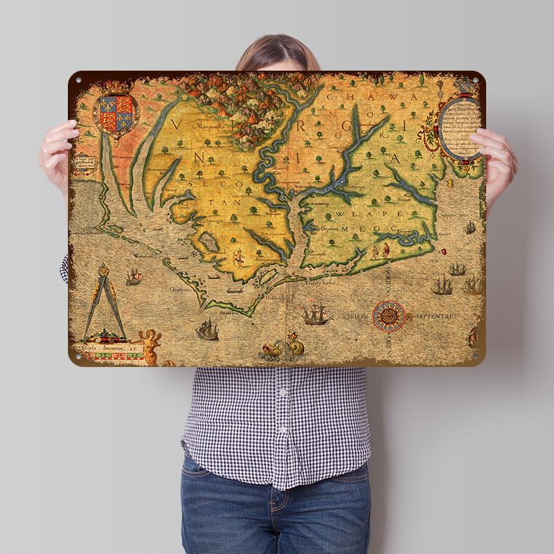 Map of Roanoke Colony Virginia Circa Printed Poster Customized Wall Art Retro Vintage Metal Tin Signs for Custom Plate Home 20x30cm(7.8x11.8inch)