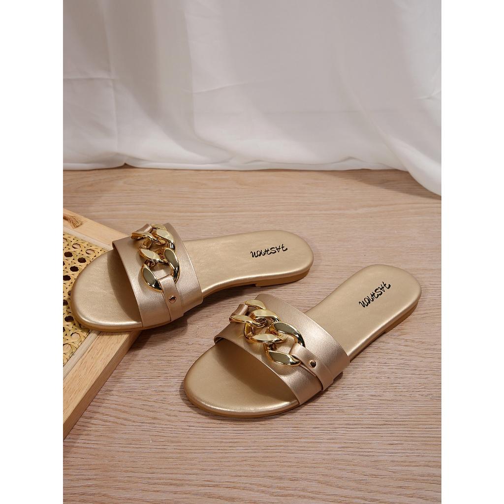 Women's Shoes, Fashionable Slippers for Ladies, Solid-colored Metal Decorations, Square-toed Flat Shoes, Comfortable Solid-colored Simple Slippers