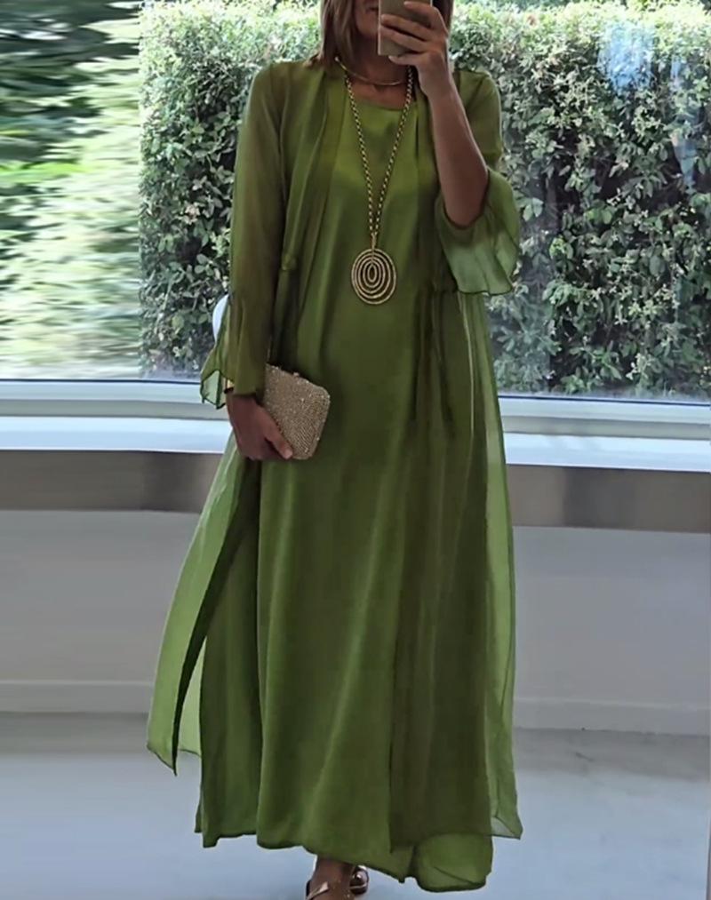 

Европейская и американская мода, однотонный элегантный комплект платья для женщин XXL зелёный