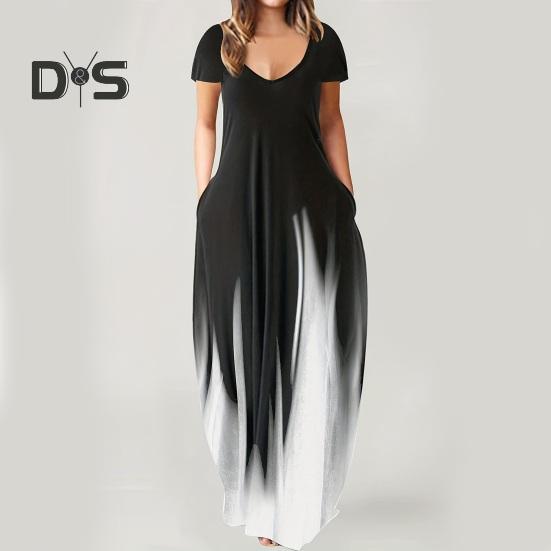 Women Maxi Dress with Pockets V Neck Short Sleeves Gradient Contrast Colors A-line Full Length Dress for Daily Party Dating