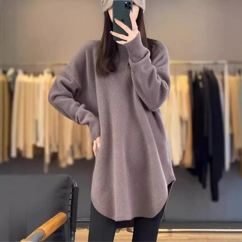 Autumn and winter new sweaters women's medium and long lazy wind round neck soft waxy skin-friendly knitted sweater loose top