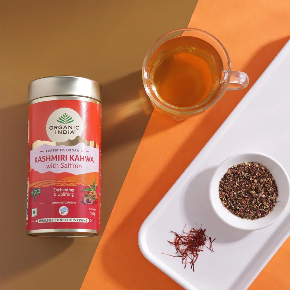 ORGANIC INDIA Kashmiri Kahwa Tea with Saffron 100 Gm Tin – Aromatic Indian Herbal Green Tea Blend for Relaxation
