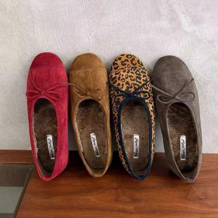 French Gentle Bow With Plush Shoes, New Autumn And Winter Fairy-Style Shallow Ballet Shoes, Grandma Shoes