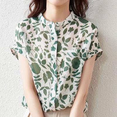 Elegant Fashion Round Neck Printed Blouse  Women's Clothing Korean Casual Short Sleeve Lady Single-breasted Chiffon Shirt