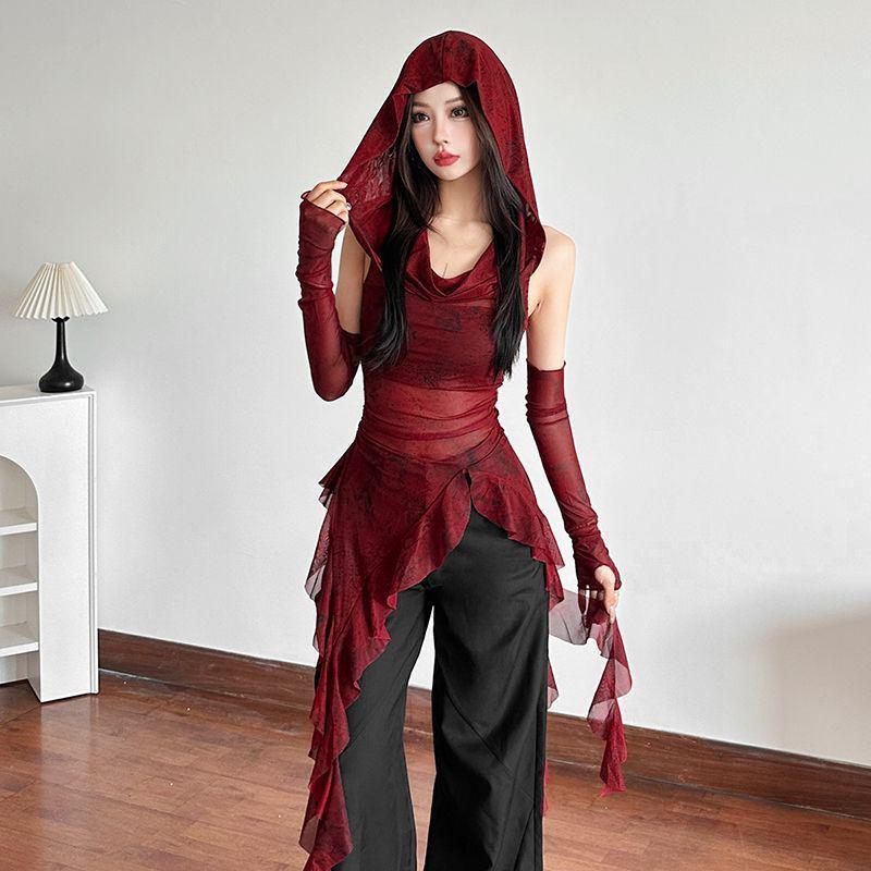 2025 Halloween Red Cowl Neck Hooded Ruffle T-shirt for Women