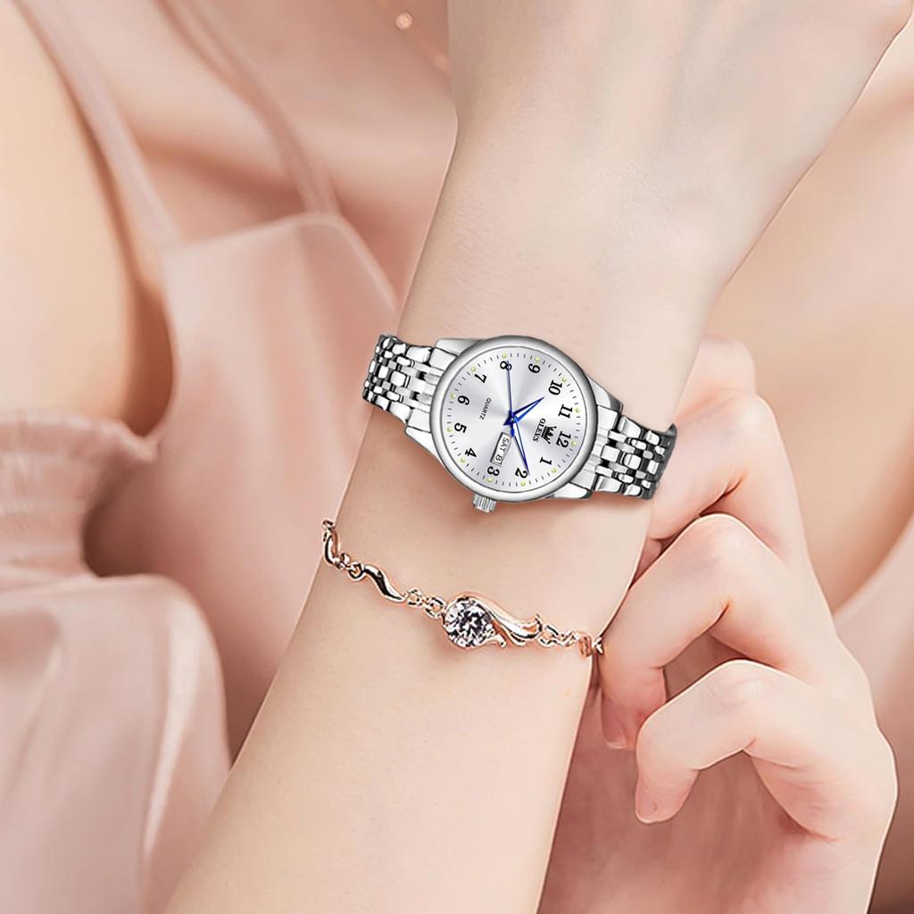 OLEVS Analog Popular Arm Silver Stainless Steel Silver Women Business Luminous Small and Easy to Read Arm Silver Convenient Women Watch Women's Watch,