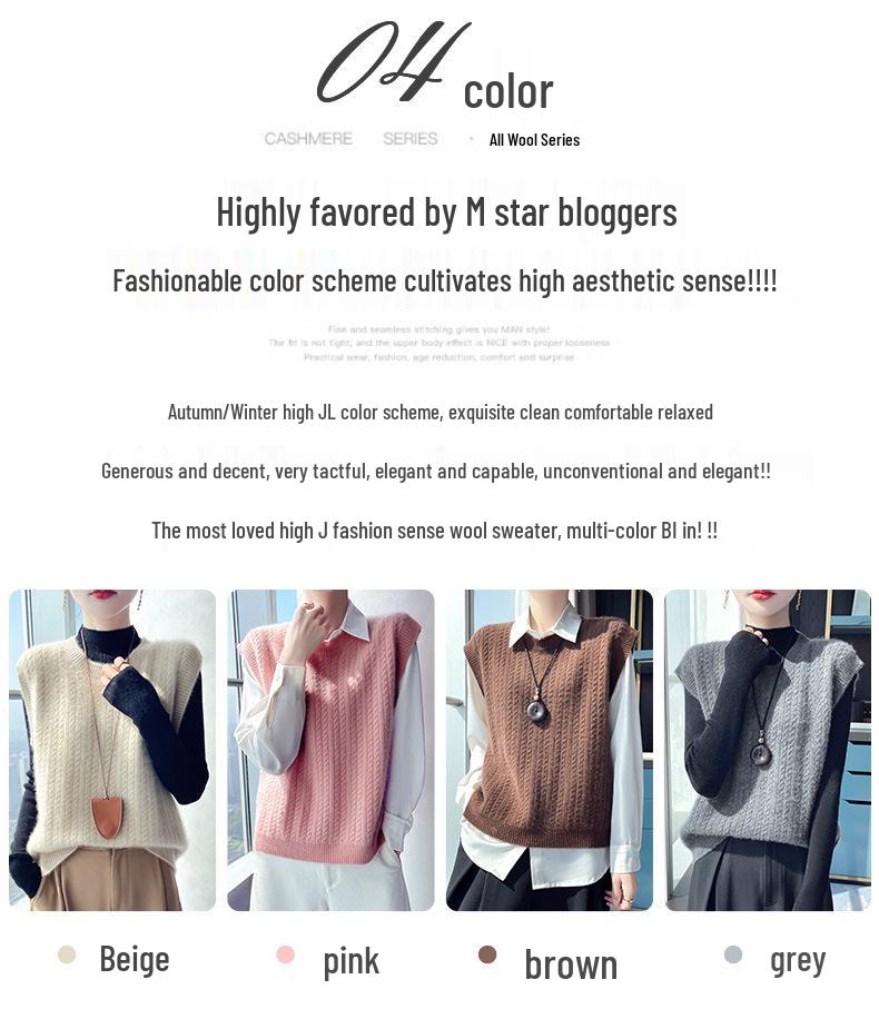 Dámská zesílená vlněná pletená vesta s copánkovým vzorem - Bez rukávů, pulovr s kulatým výstřihem na podzim/zimu