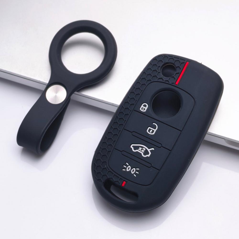 Silicone Key Fob Cover with keychain for 4-button Flip Remote, Anti-Scratch & Anti-Drop Protective Case for Jeep Renegade Compass for Fiat 500X Toro