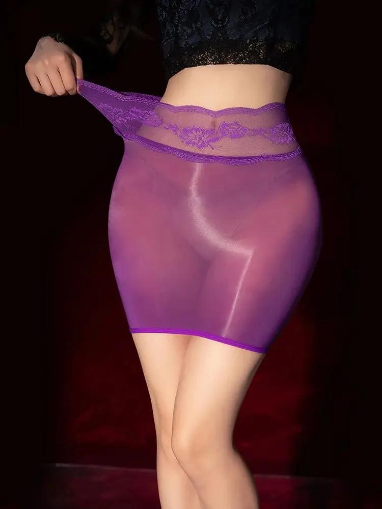 Sexy Lace Waist Women's Mini Skirts Oil Shiny Glossy Sheer Transparent Allure Elastic Pack Hip Micro Skirts Woman Clubwear Dance