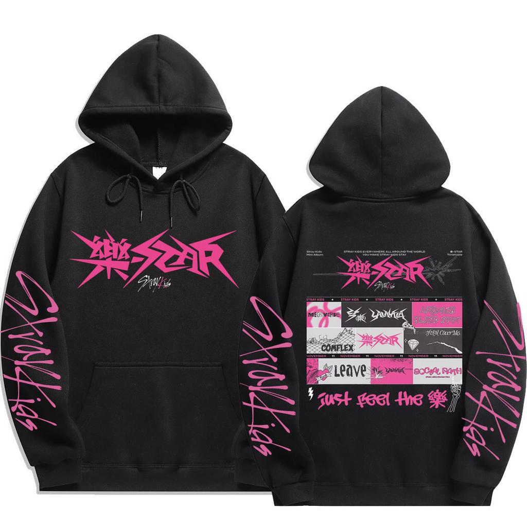 Stray Kids Pullover Hoodie Front Pink Punk Logo Vintage Punk Graphic Song Titles Just Feel Drawstring Hood Oversized Unisex K‑Pop Streetwear Fan Merch