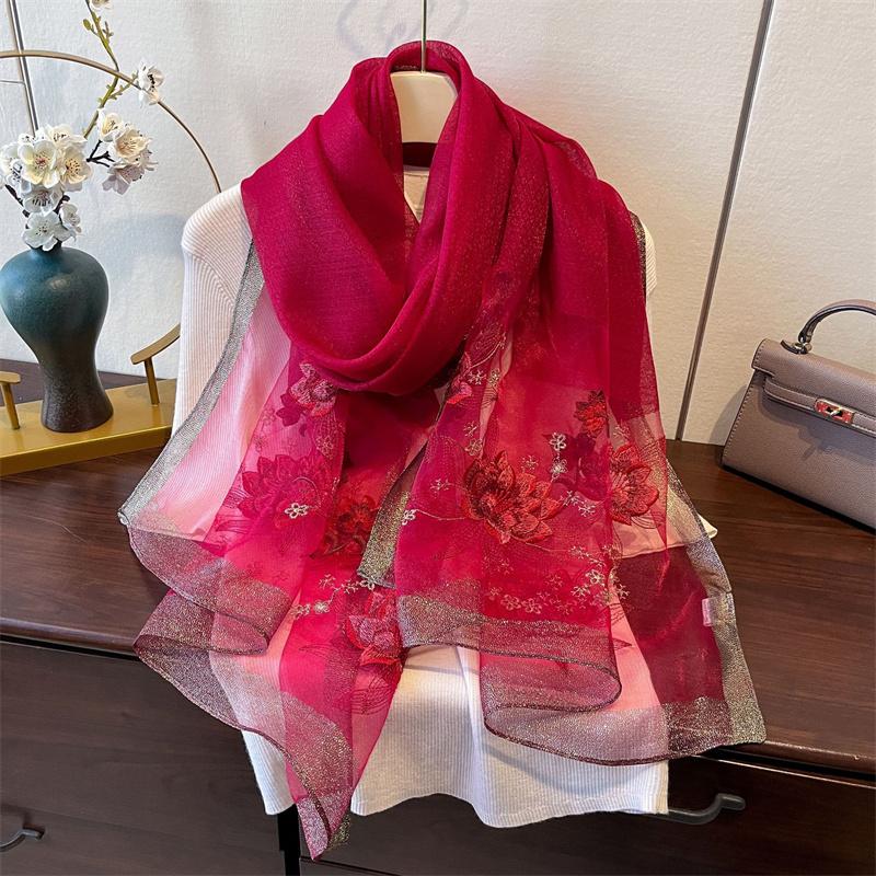 Elegant Long Embroidered Silk Feeling Scarf Women'S Fashion Spring New Style Shawl Wrap Outerwear Trendy Floral Pattern Stylish