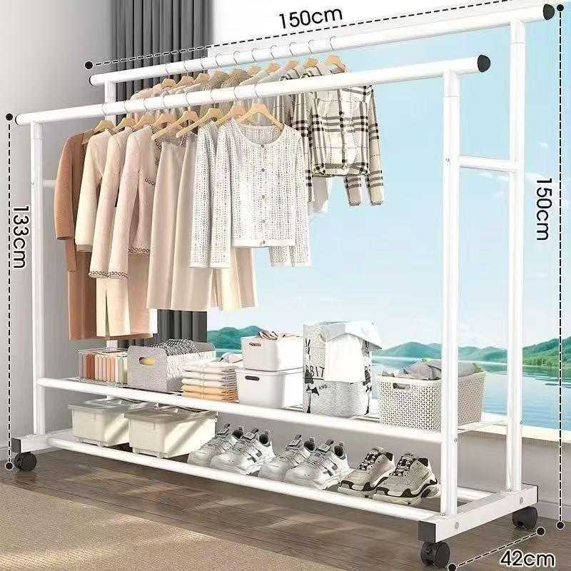 Sturdy Double Bar Wardrobe Rack for Dorms: Floor-Standing, Dual-Layer Clothes & Hat Hanger for Bedrooms and Balconies.