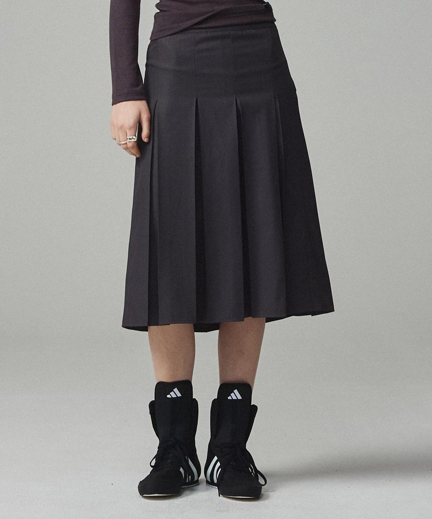 Kitty Pottery Symbol Embroidered Pleated Long Skirt Charcoal