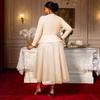 Plus Size Women's Long Sleeve 3D Flower Dress, V Neck Slim Waist Ruffled Hem Evening Party Gown