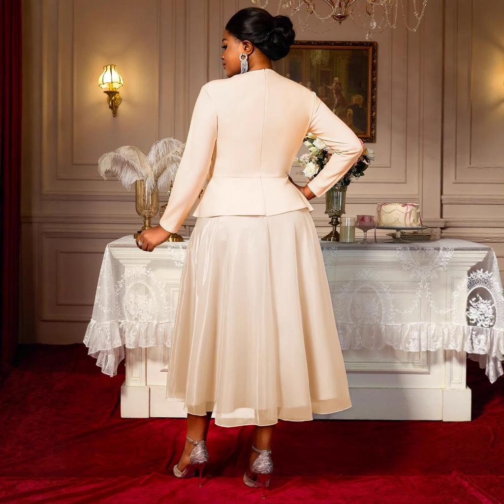 Plus Size Women's Long Sleeve 3D Flower Dress, V Neck Slim Waist Ruffled Hem Evening Party Gown