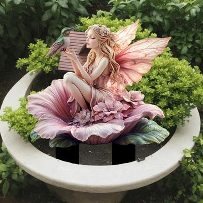 Flower Fairy Garden Stake, 2D Acrylic Fairy Decoration, Flower Fairy Hummingbird Yard Art Stake, Waterproof Outdoor Decor for Lawn Flower Bed Planter