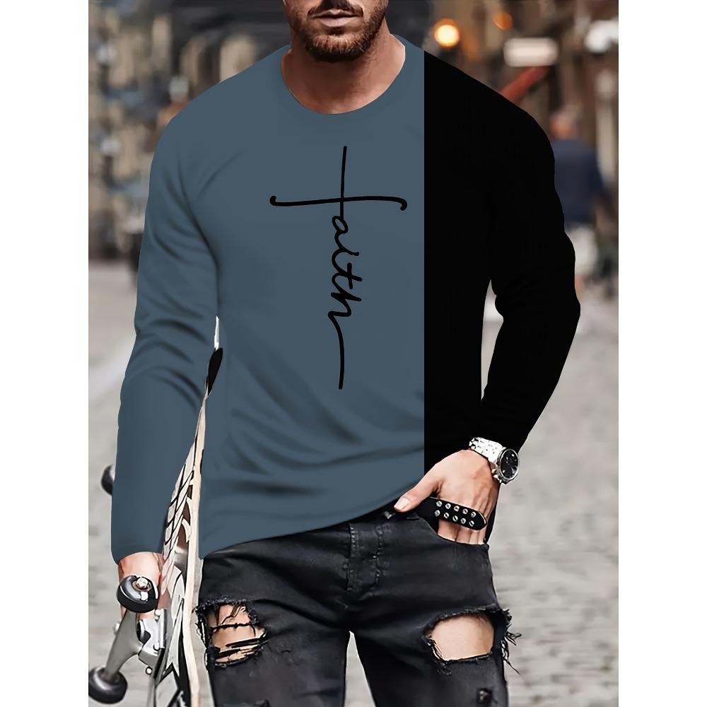

Men s 3D Digital Letter Print Long Sleeve T-Shirt - Soft Casual Crew Neck Pullover XS