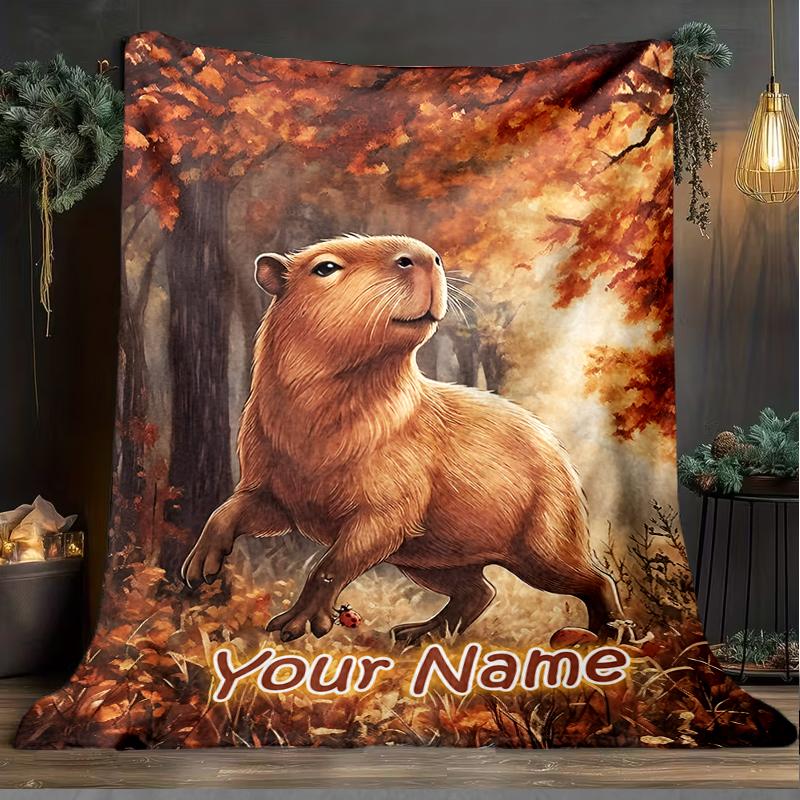 1PC Custom Name Autumn Capybara Adventure flannel blanket versatile,all-season throw suitable for the living room,bedroom,camping,travel,and gift