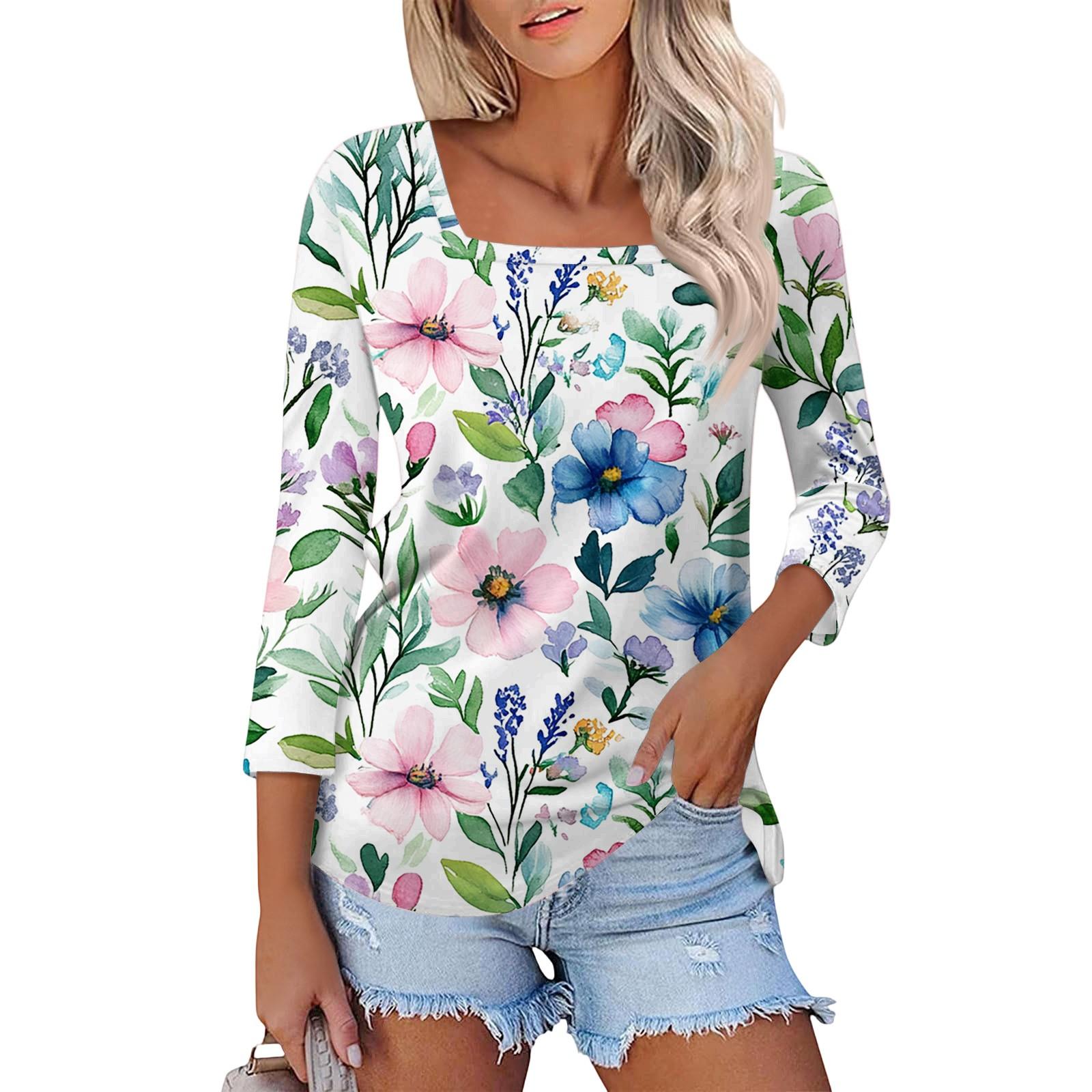 

Жіноча футболка з принтом і рукавами 3/4, щоденна мода на вихідні, звичайний квадратний виріз, звичайний топ S зелений