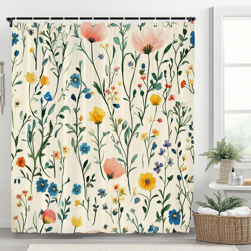 Beautiful Flowers Shower Curtain for Bathroom Blue Floral Romantic Wildflower Plants Nature Scenery Home Decor Curtain with Hook