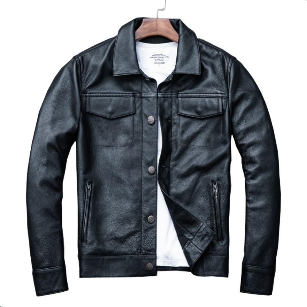 Top in denim e pelle Giacca corta da uomo in pelle Top in pelle bovina Locomotiva Lapel Giacca in pelle