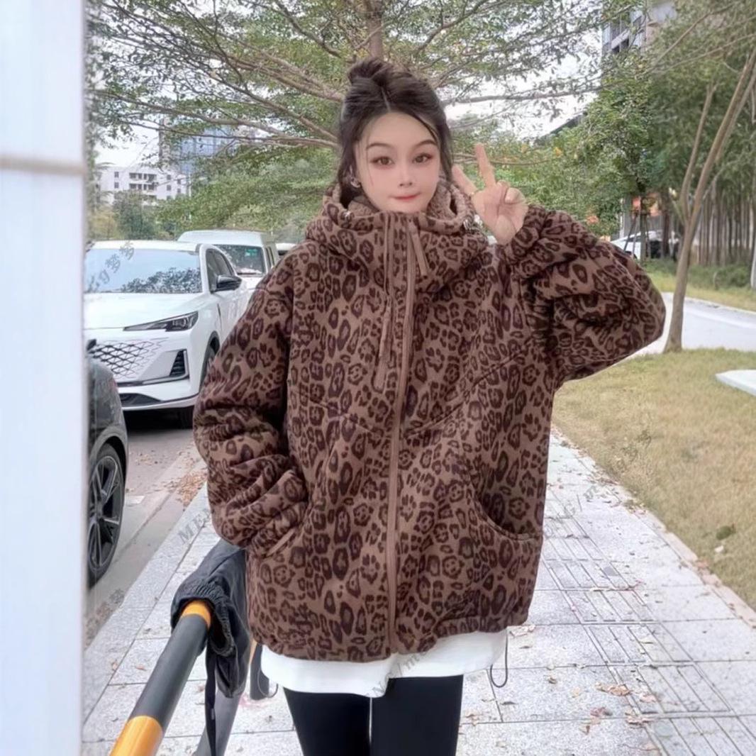 

Women s Retro Leopard Print Fleece Hoodie Jacket - 2024 Autumn/Winter Collection Large цветной печати леопарда