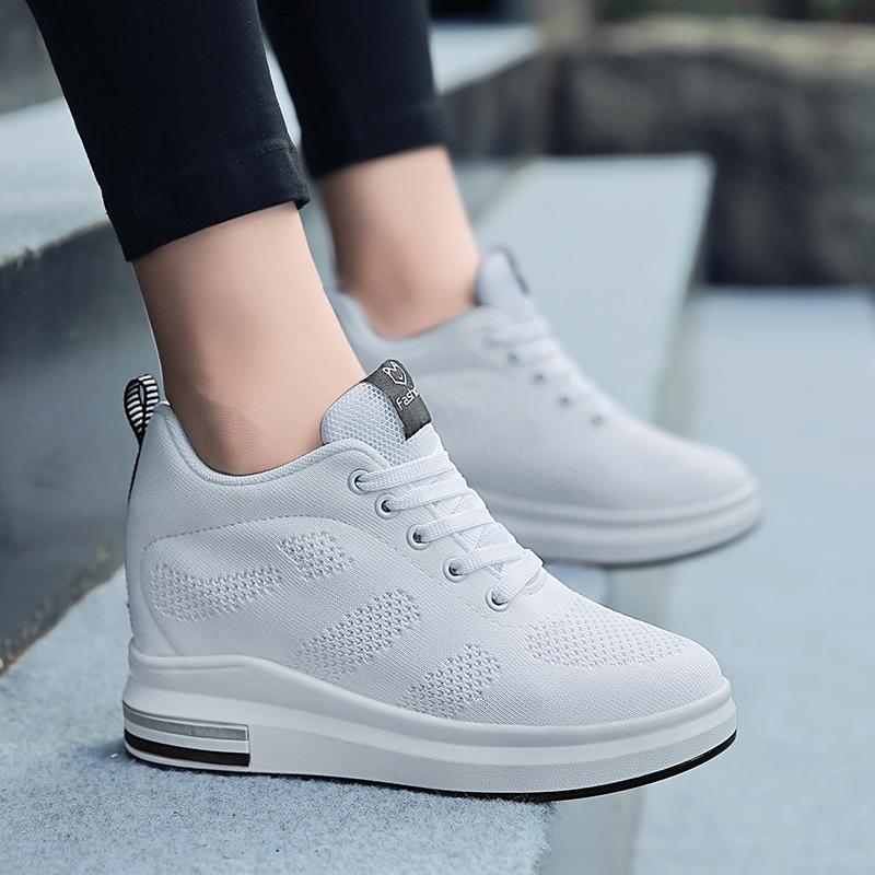 Fashion Interior Height Increasing Women Shoes Korean Style White Casual Thick Soled Mesh Flat Shoes Spring Autumn Walking High Heels
