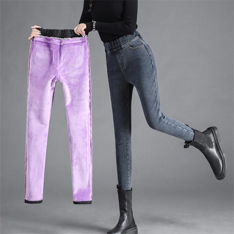 2022 Winter Female Casual Velvet Warm Thicken Trousers  High Elastic Waist Stretch Jeans For Women Skinny Denim Pencil Pants